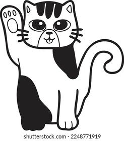 Hand Drawn Maneki Neko or lucky striped cat illustration in doodle style isolated on background