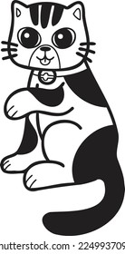 Hand Drawn Maneki Neko or lucky striped cat illustration in doodle style isolated on background