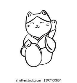 Hand drawn maneki neko talisman. Vector black ink drawing isolated on white background. Graphic traditional figurine illustration.