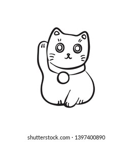 Hand drawn maneki neko. Vector black ink drawing isolated on white background. Graphic traditional Japan figurine illustration.