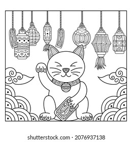 Hand drawn of maneki neko in zentangle style