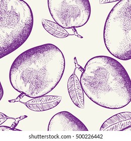 Hand drawn mango fruit with leaf, vector illustration, isolated on white background. Seamless pattern.