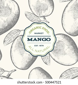 Hand drawn mango fruit with leaf, vector illustration, isolated on white background. Seamless pattern.