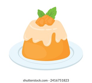 Mango dibujado a mano Mango Pudding Dessert in White Plate con frutas tope de comida dulce caricatura ilustración vectorial aislada en fondo blanco