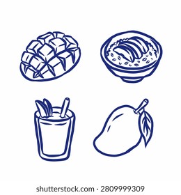 Hand Drawn Mango Sticky Rice and Fresh Diced Fruit Line Art