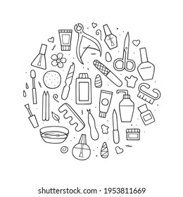 Hand drawn manicure equipment, accessories, tools set. Doodle sketch. Vector outline illustration for icons, website, landing page, background.