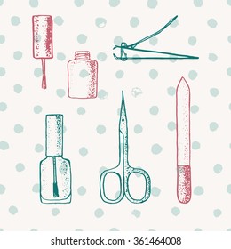 Hand drawn manicure set. Realistic pedicure illustration Scissors, nail polish, nail file, nail clipper on spots background. Hands care products and tools