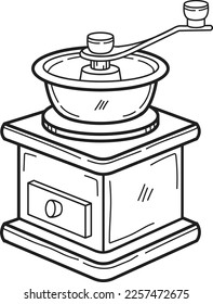 Hand Drawn Manual coffee grinder with coffee beans illustration in doodle style isolated on background