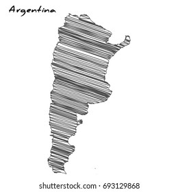 Hand drawn map of Argentina sketch on white background.