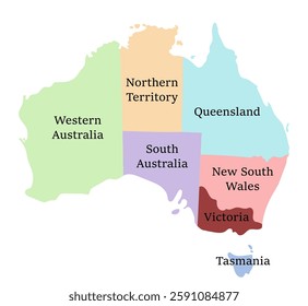 Hand drawn map of Australia with regions. Silhouette, geography. Vector isolated on white background