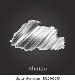 Hand drawn map of Bhutan white on blackboard background. Vector illustration Eps10.