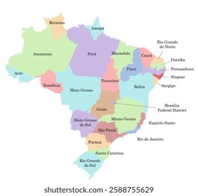 Hand drawn map of Brazil with states. Silhouette, Latin America geography. Vector isolated on white background