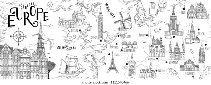 Hand drawn map of Central Europe with selected capitals and landmarks, vintage web banner
