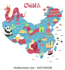 Hand drawn map of China with main sightseeings, famous places or tourist sights. Best design for touristic travel guide, poster, flyer or other apparel design.
