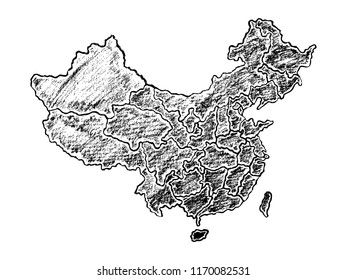 Hand drawn map of China painted with pencils. Black and white vector illustration isolated on white background.