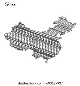Hand drawn map of China sketch on white background.