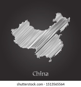 Hand drawn map of China white on blackboard background. Vector illustration Eps10.