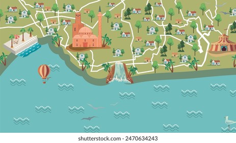 Hand drawn map of a city with small houses on the seashore with tourist places