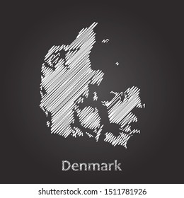 Hand drawn map of Denmark white on blackboard background. Vector illustration Eps10.