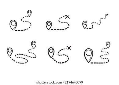 icono de medición de distancia de mapa dibujado a mano. Piloto del mapa del doodle ruta pictograma vector conjunto aislado. Ilustración del vector