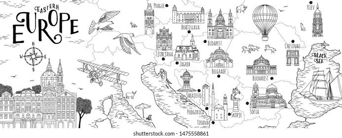 Hand drawn map of Eastern Europe with selected capitals and landmarks, vintage web banner