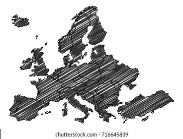 Hand drawn map of Europa black on white background.Vector illustration