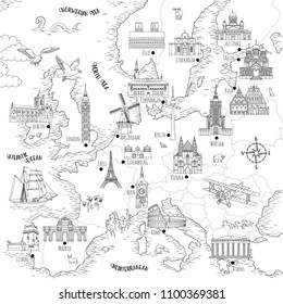 Hand drawn map of Europe with selected capitals and landmarks, vintage style