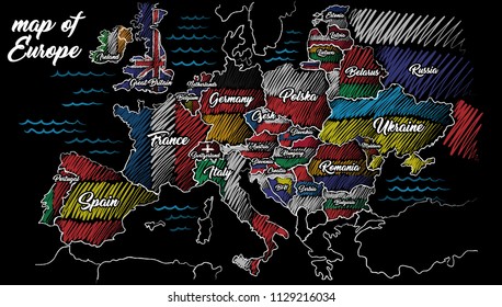 Hand drawn map of Europe. Vector sketch style. flags of the country of Europe. Decorative typography poster with all european countries, unique lettering design for print, digital
