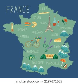 Hand drawn map of France. Concept of travel. Colorfed vector illustartion. Country symbols on the map.