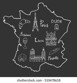 Hand drawn map of France with different symbols. Lettering of the cities Paris, Bordeaux, Lion, Marseille,  Dijon. 