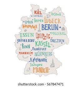 Hand drawn map of Germany with lettering of main cities and main symbols. Handwritten name of towns Germany. Vector illustration for poster design or postcard.