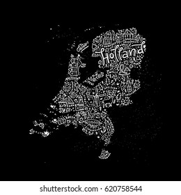 Hand drawn map of Holland. Cartoon illustration made in vector