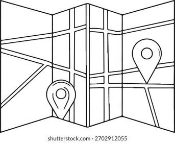 Hand drawn map icon with folded paper design Hand 