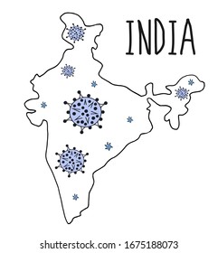 Hand Drawn map of India with Coronavirus on it. Huge and small viruses are on indian territory. Black stroke. 2019-nCoV Novel Coronavirus Bacteria. Vector medical illustration isolated on white.