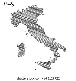 Hand drawn map of Italy sketch on white background.