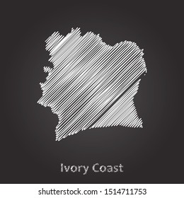 Hand drawn map of Ivory Coast white on blackboard background. Vector illustration Eps10.