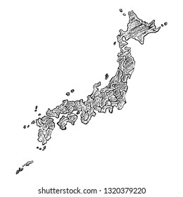 Hand drawn map of Japan painted with charcoal. Black and white sketched vector illustration