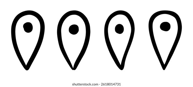Hand Drawn Map Location Pin. Doodle Style Vector Navigation Point Icons. Perfect for maps, travel blogs, mobile apps, navigation interfaces, posters, infographics, creative design projects.