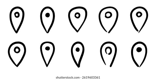 Hand Drawn Map Location Pin set. Doodle Style Vector Navigation Point Icons. Perfect for maps, travel blogs, mobile apps, navigation interfaces, posters, infographics, creative design projects.