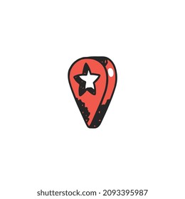 Hand drawn map location pointer or marker, sketch vector illustration isolated on white background. Colored doodle of GPS navigator with star.