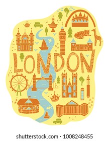 Hand drawn map of London in cartoon style. Main English attractions and places of interest. Background for travel guide or poster.