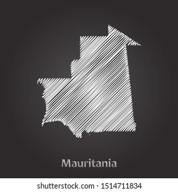 Hand drawn map of Mauritania white on blackboard background. Vector illustration Eps10.