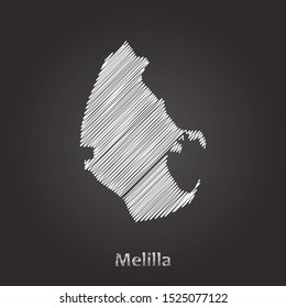 Hand drawn map of Melilla white on blackboard background. Vector illustration Eps10.