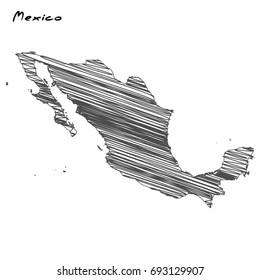 Hand drawn map of Mexico sketch on white background.