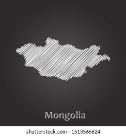 Hand drawn map of Mongolia white on blackboard background. Vector illustration Eps10.