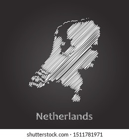 Hand drawn map of Netherlands white on blackboard background. Vector illustration Eps10.