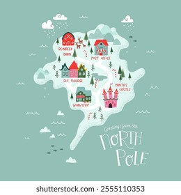 Hand drawn map of the North Pole, showing the castle of Santa Claus, reindeer stables, elf village etc. - vintage Christmas vector design