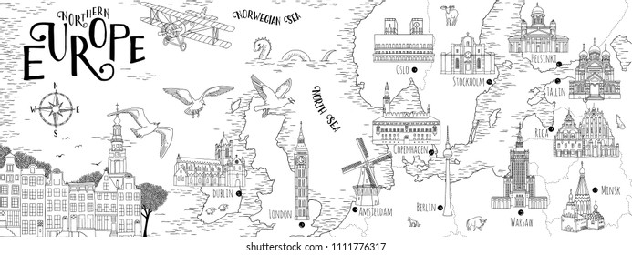 Hand drawn map of Northern Europe with selected capitals and landmarks, vintage web banner