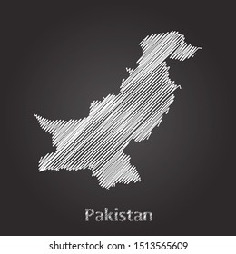 Hand drawn map of Pakistan white on blackboard background. Vector illustration Eps10.