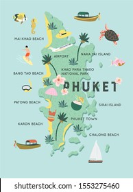 Hand drawn map of Phuket island in Thailand with famous landmarks and cultural objects